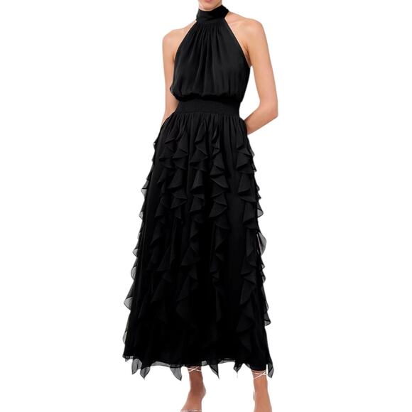 1.State Women’s Smocked Cascade Ruffle Halter Maxi Dress Black Size XS - Picture 1 of 3